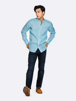 Turquoise Blue Linen Mao Collar Shirt