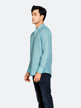 Turquoise Blue Linen Mao Collar Shirt
