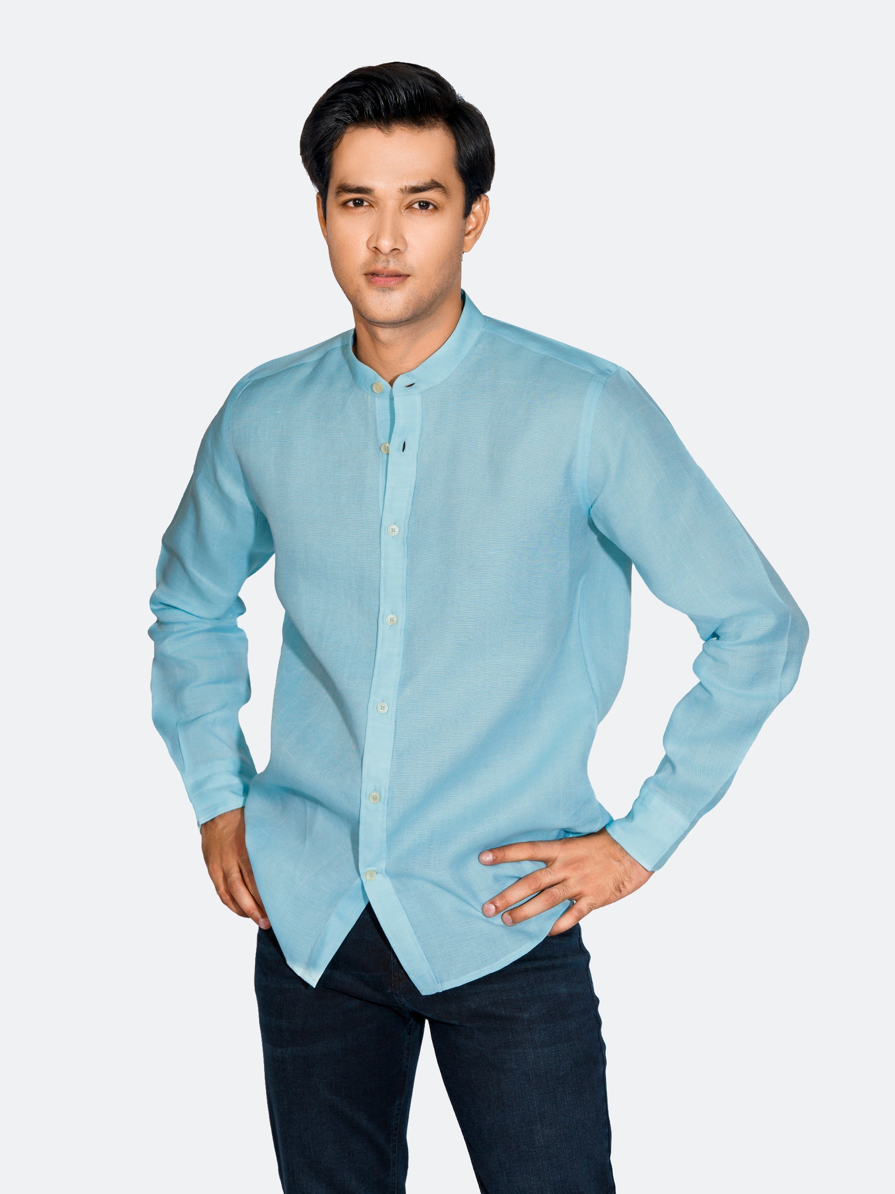 Turquoise Blue Linen Mao Collar Shirt