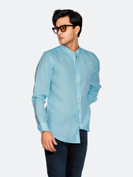 Turquoise Blue Linen Mao Collar Shirt