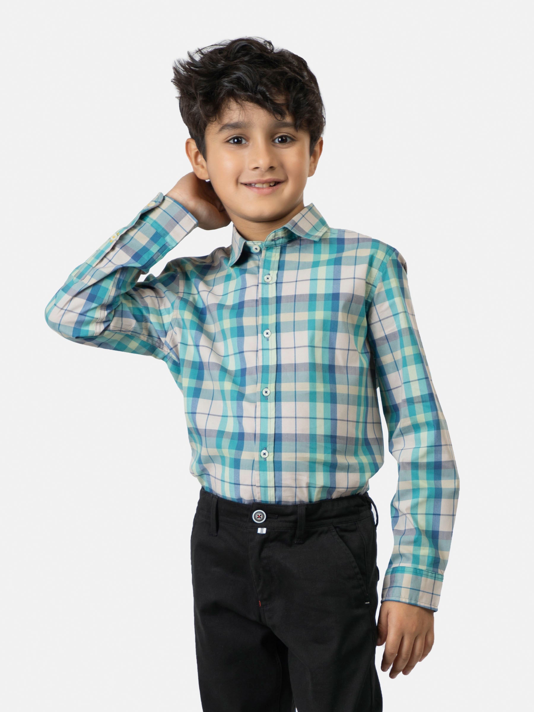Turquoise Checkered Long Sleeve Casual Shirt