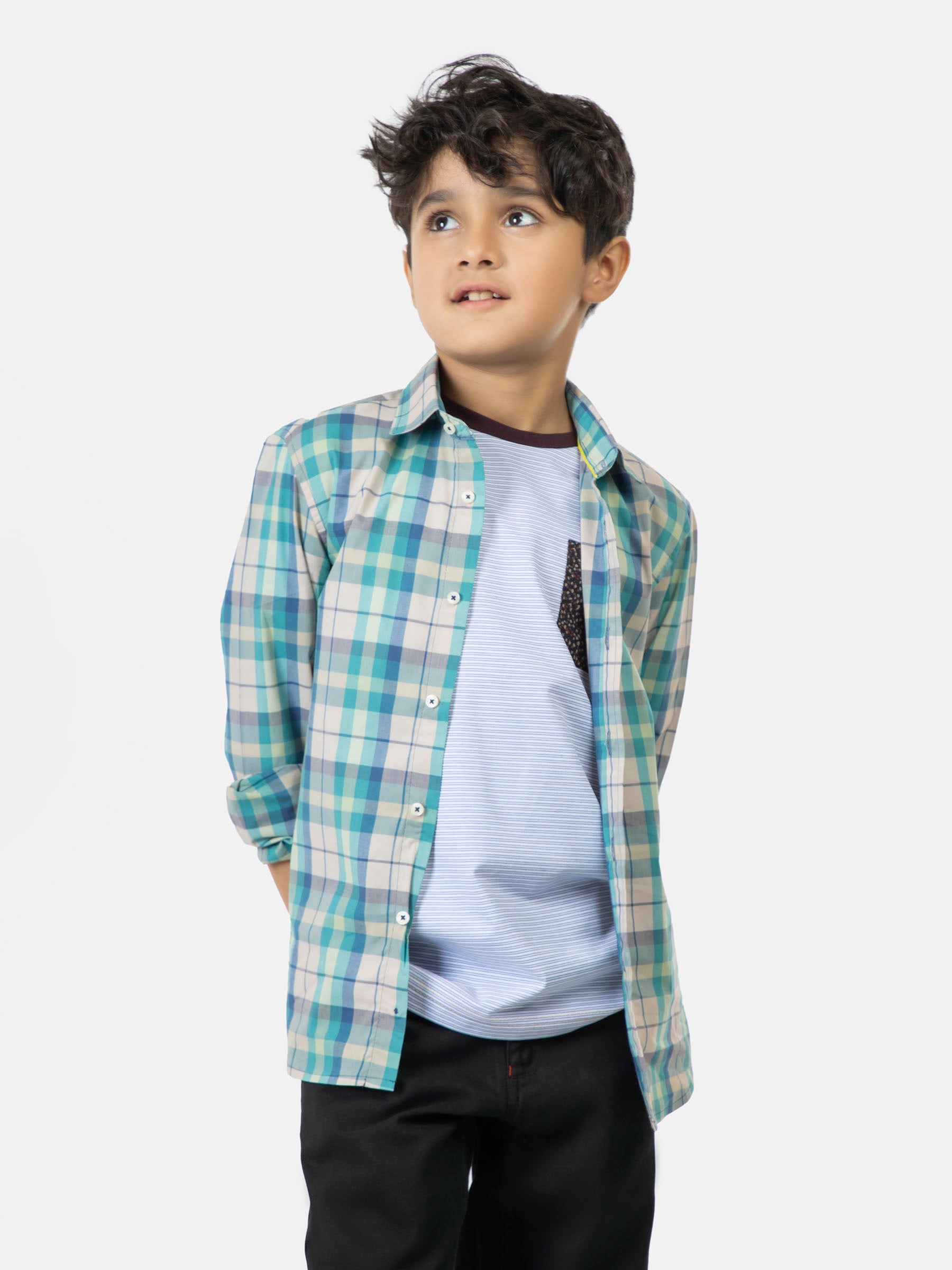 Turquoise Checkered Long Sleeve Casual Shirt