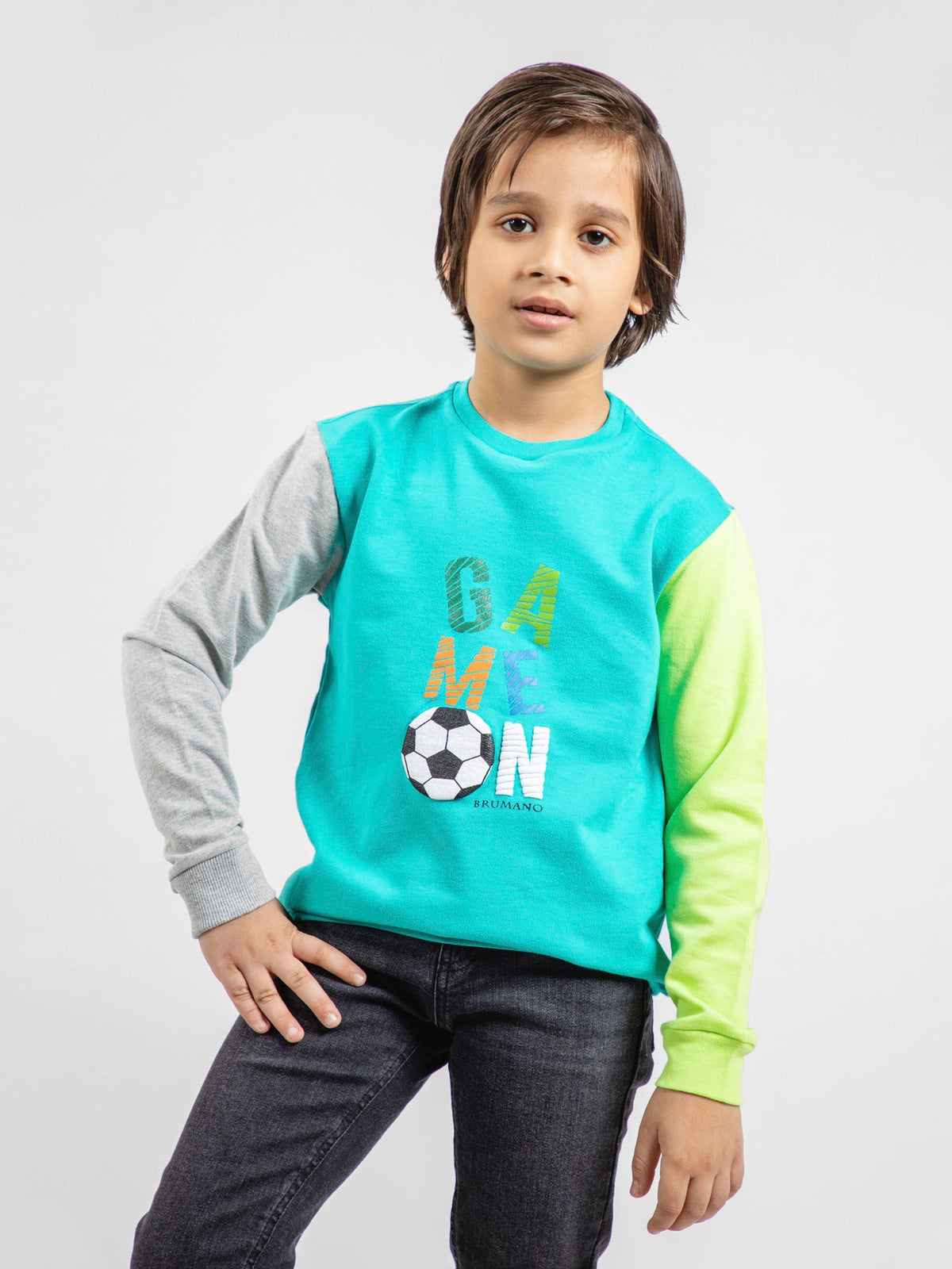 Turquoise Contrasting Sleeves Sweatshirt With 'Game On' Print