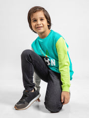 Turquoise Contrasting Sleeves Sweatshirt With 'Game On' Print