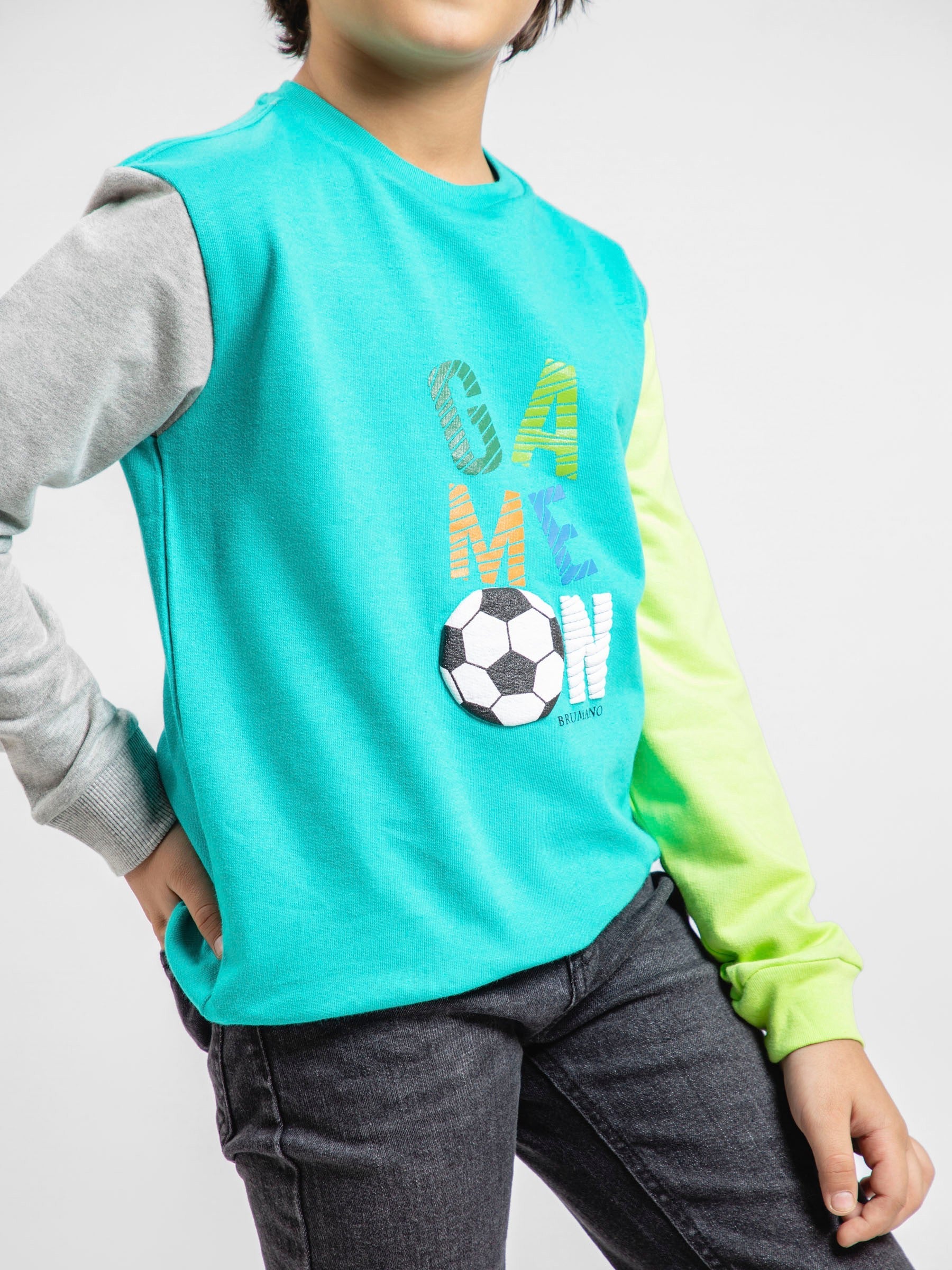 Turquoise Contrasting Sleeves Sweatshirt With 'Game On' Print