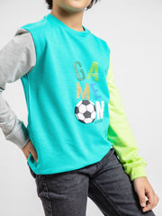 Turquoise Contrasting Sleeves Sweatshirt With 'Game On' Print