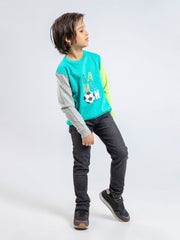 Turquoise Contrasting Sleeves Sweatshirt With 'Game On' Print