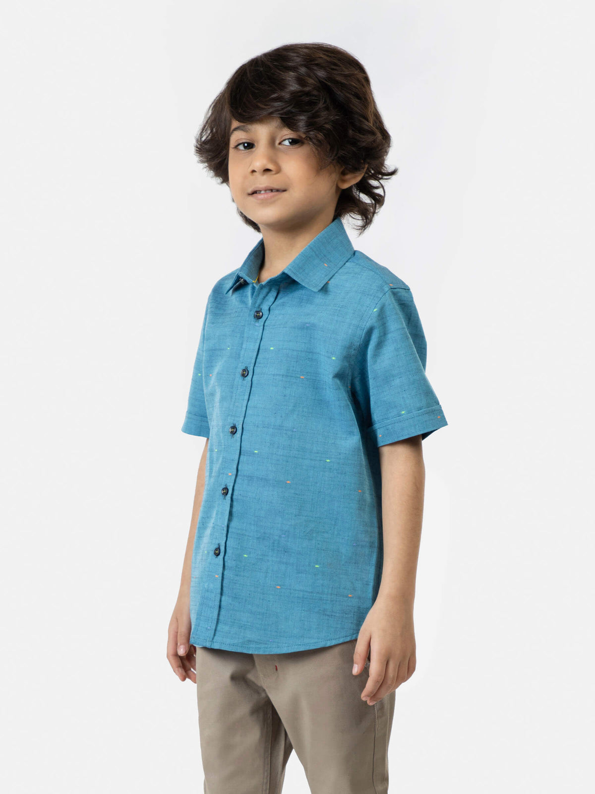 Turquoise Cotton/Linen Short Sleeve Casual Shirt