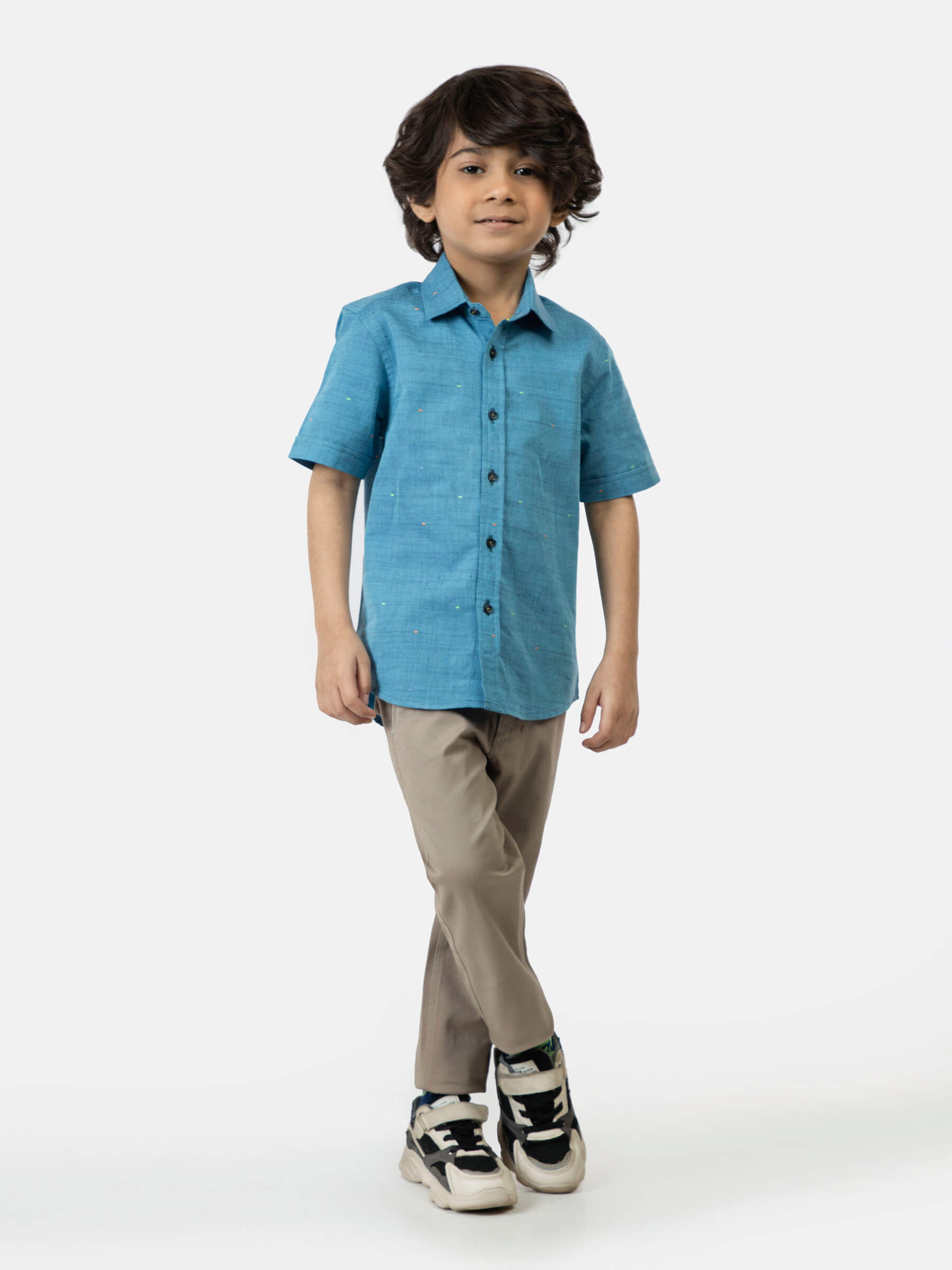 Turquoise Cotton/Linen Short Sleeve Casual Shirt