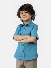 Turquoise Cotton/Linen Short Sleeve Casual Shirt