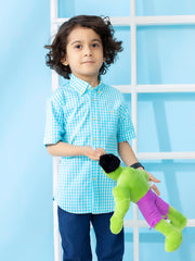 Turquoise Gingham Short Sleeve Casual Shirt