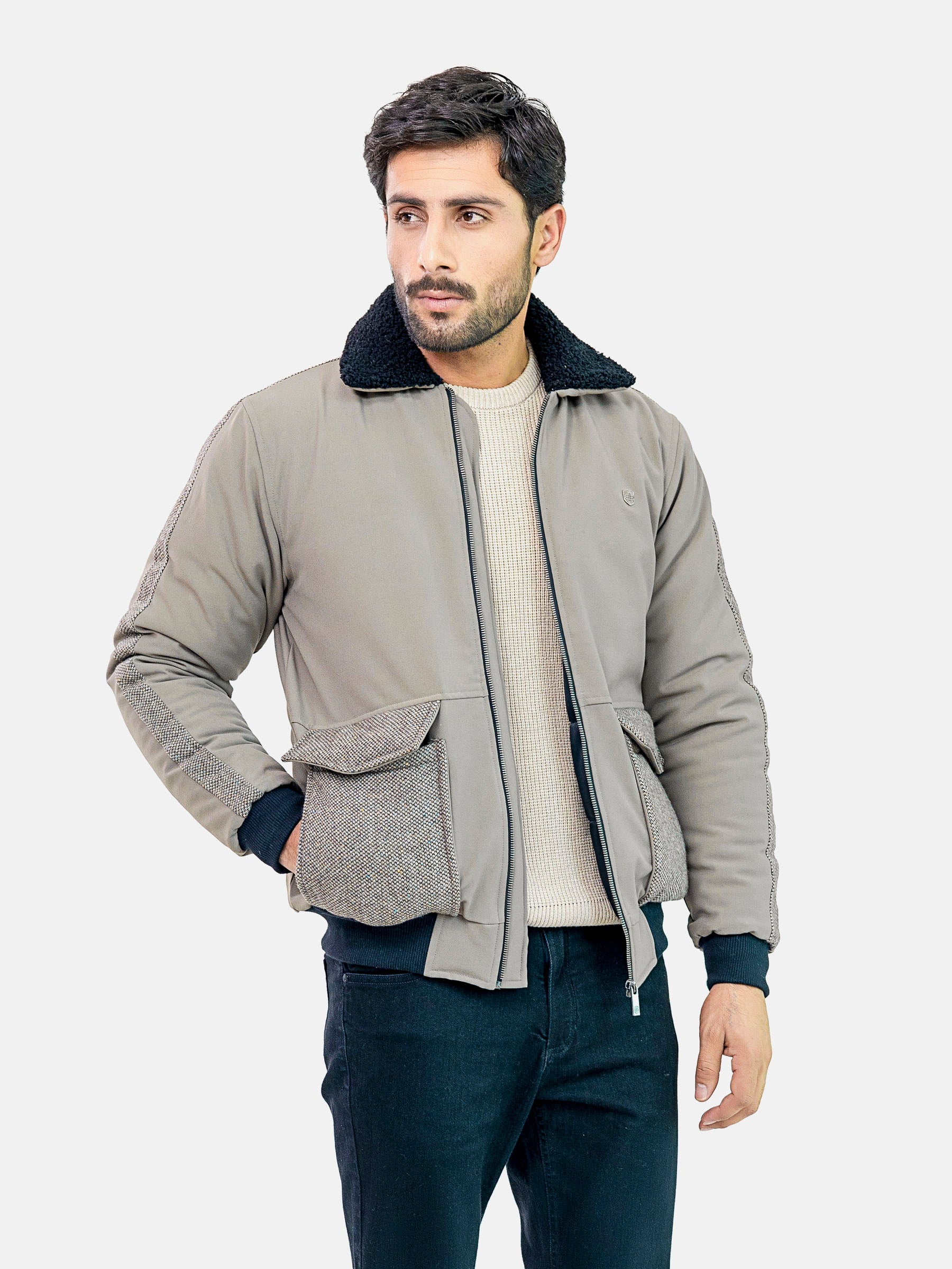 Vintage Khaki Sherpa Collar Aviator Jacket With Cashmere Pockets
