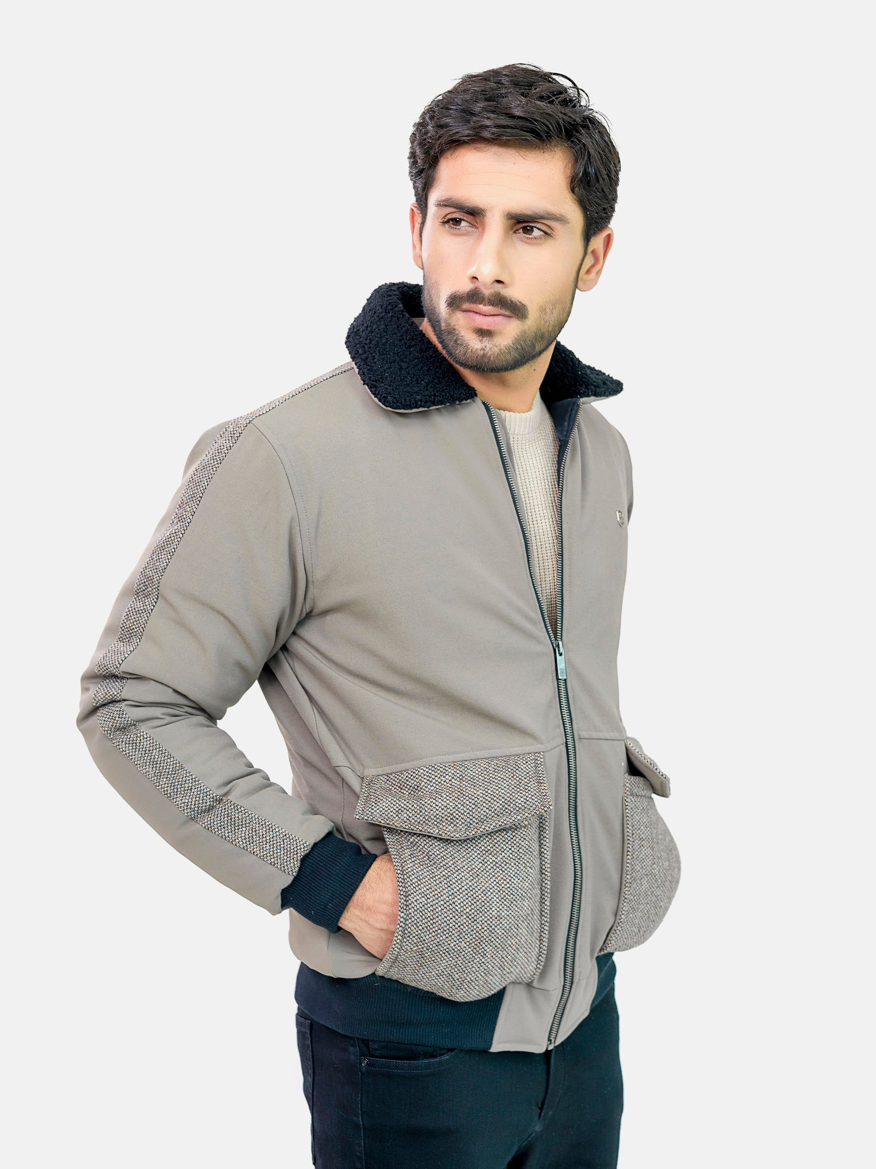 Vintage Khaki Sherpa Collar Aviator Jacket With Cashmere Pockets