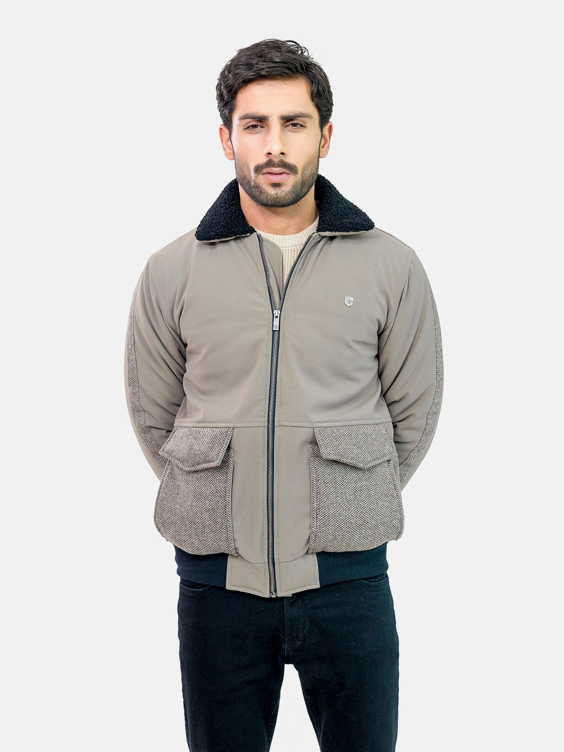 Vintage Khaki Sherpa Collar Aviator Jacket With Cashmere Pockets