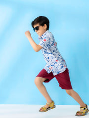 White & Blue Bold Floral Short Sleeve Casual Shirt