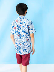 White & Blue Bold Floral Short Sleeve Casual Shirt