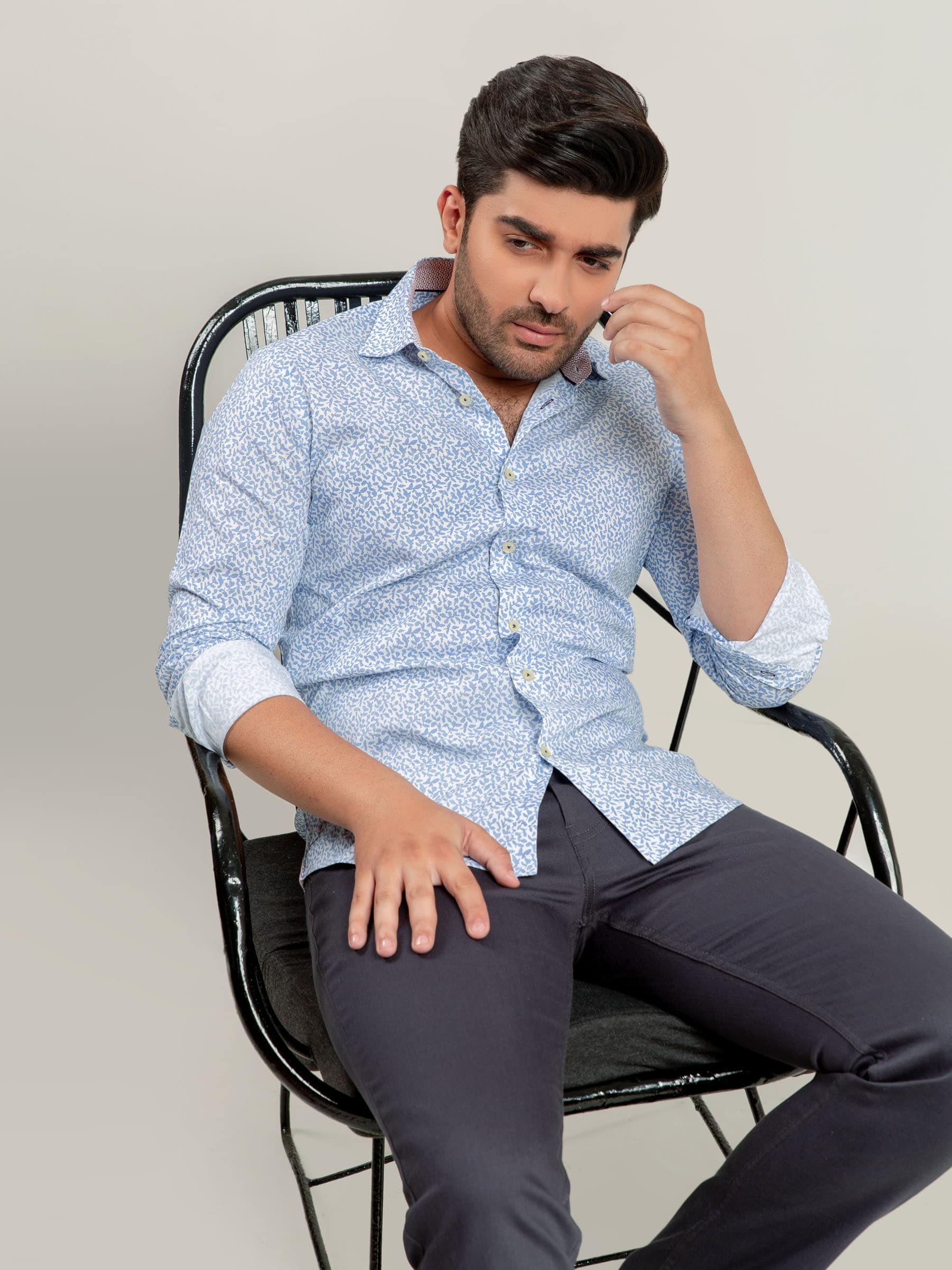 White & Blue Floral Printed Shirt With Inner Detailing