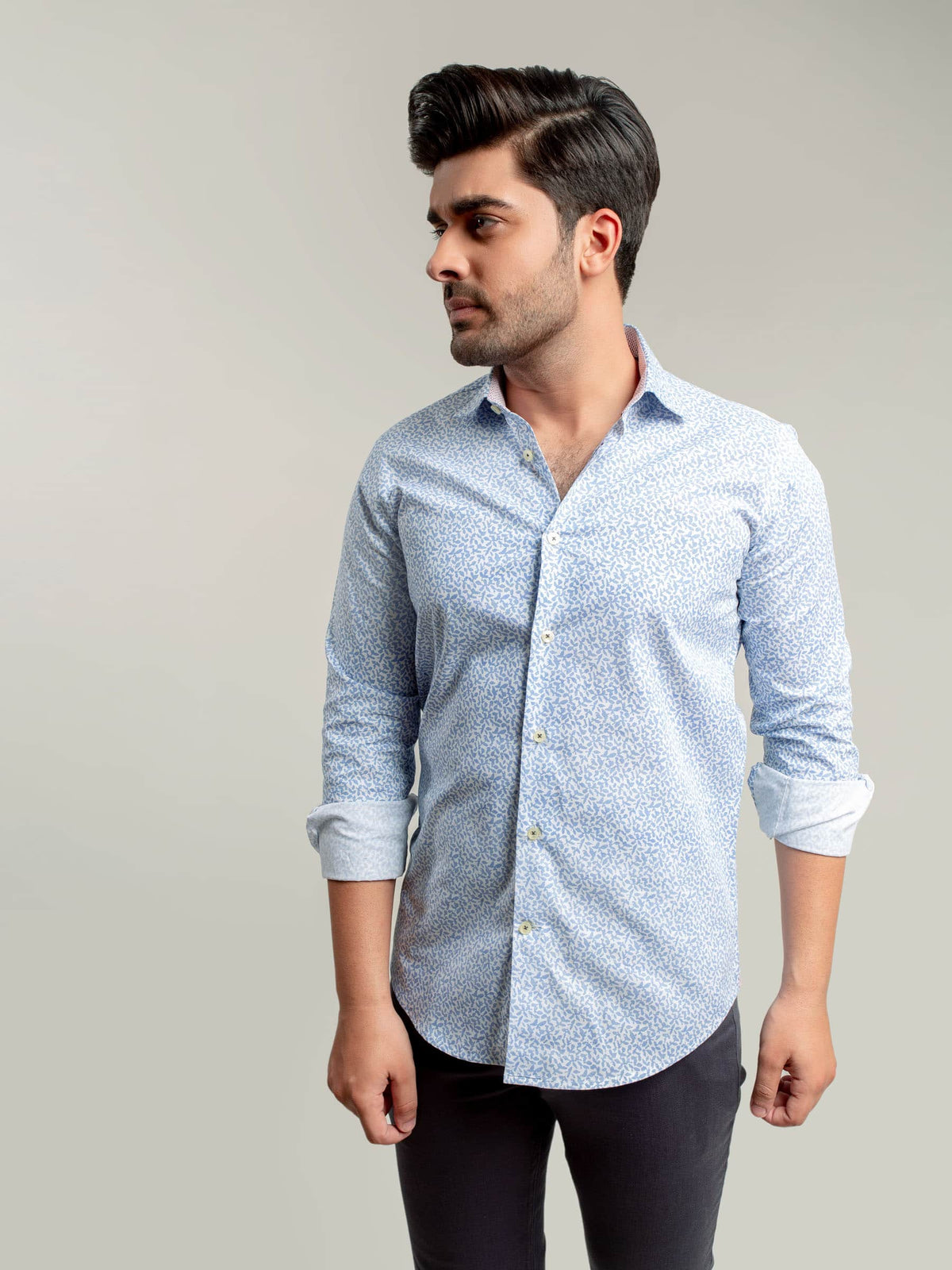 White & Blue Floral Printed Shirt With Inner Detailing