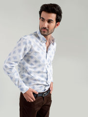White & Blue Jacquard Patterned Shirt