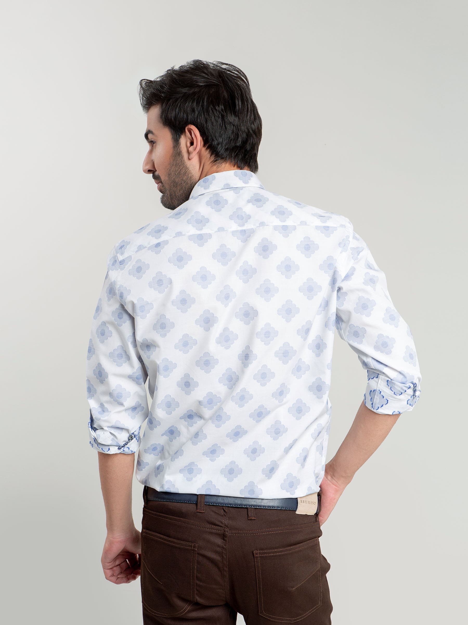 White & Blue Jacquard Patterned Shirt