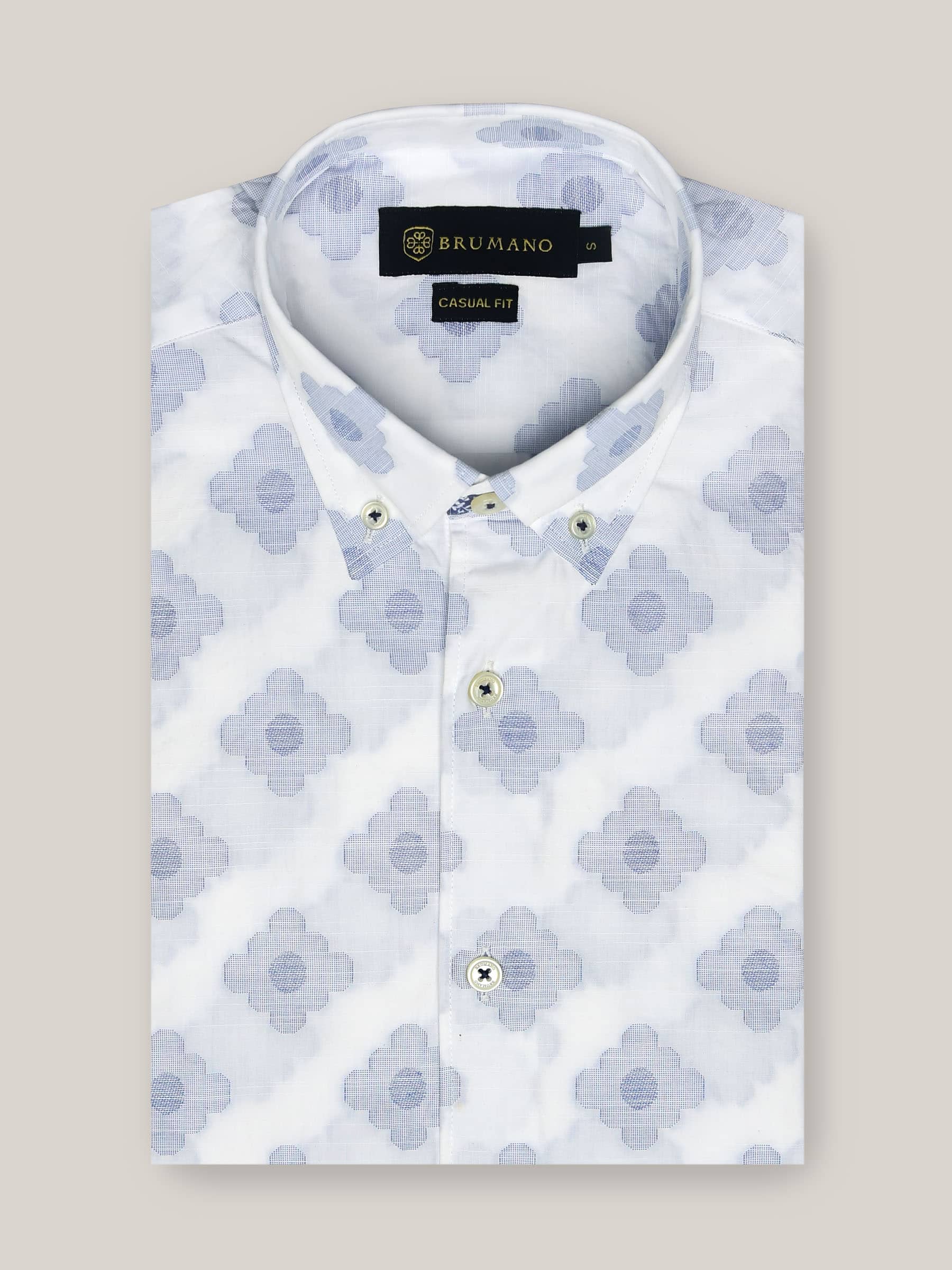 White & Blue Jacquard Patterned Shirt