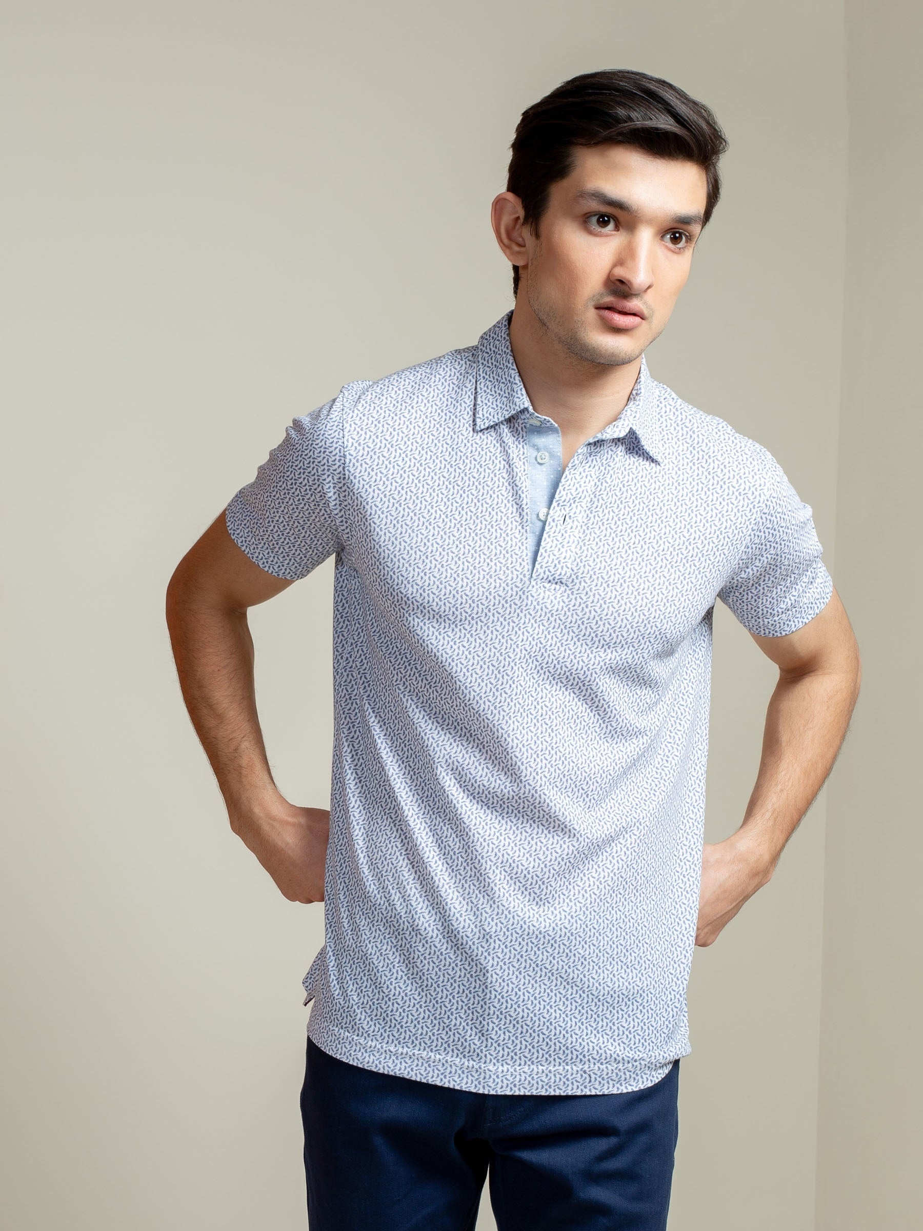 White & Blue Printed Mercerized Polo Shirt