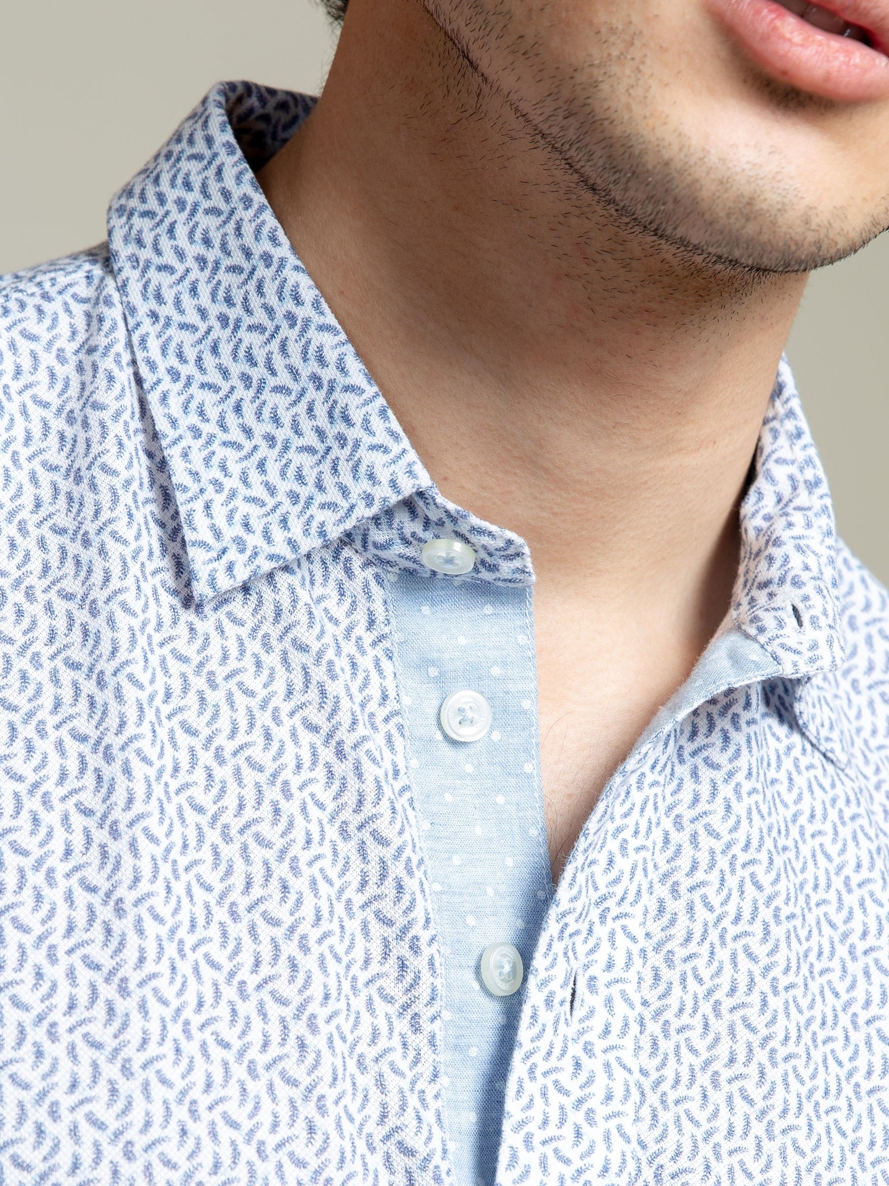 White & Blue Printed Mercerized Polo Shirt