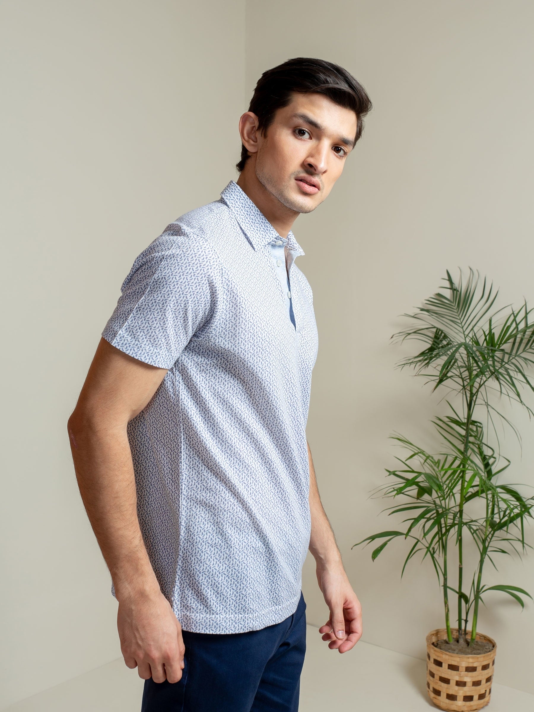 White & Blue Printed Mercerized Polo Shirt