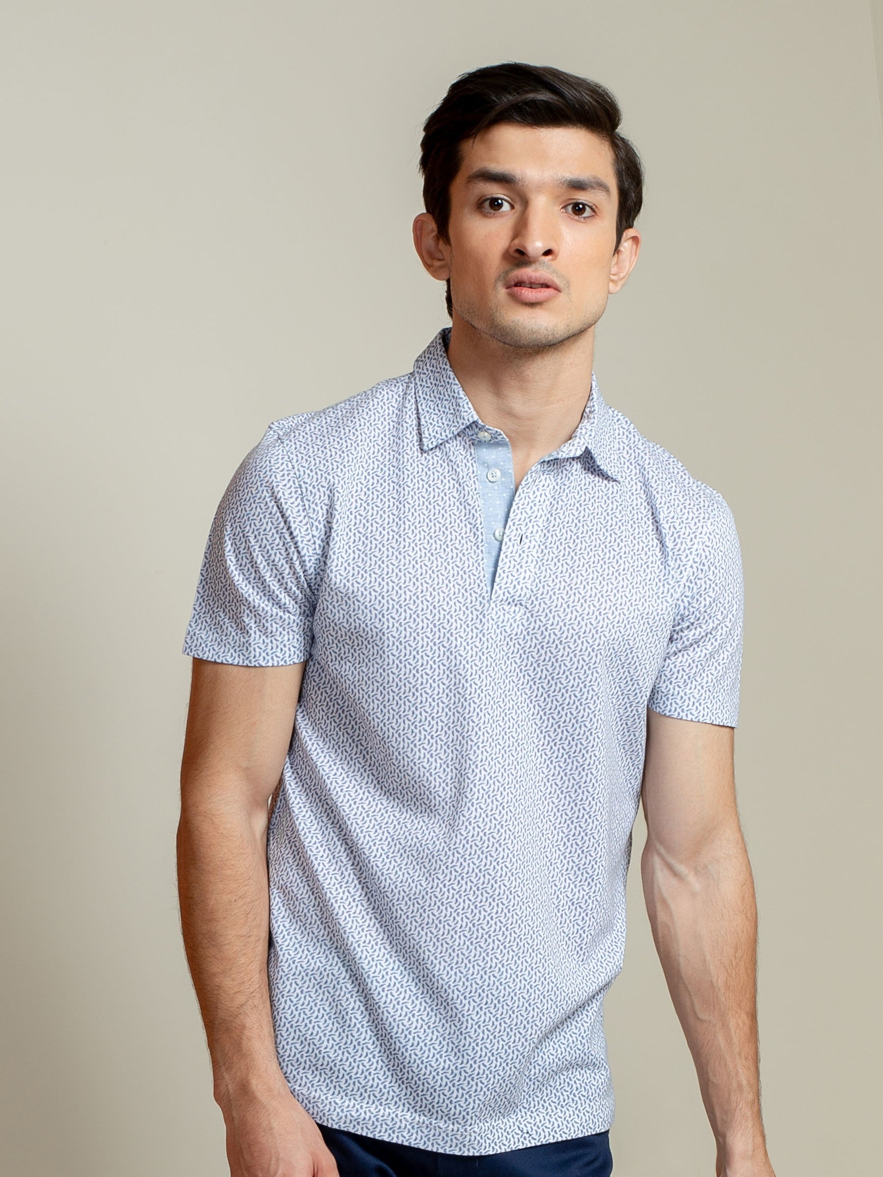 White & Blue Printed Mercerized Polo Shirt