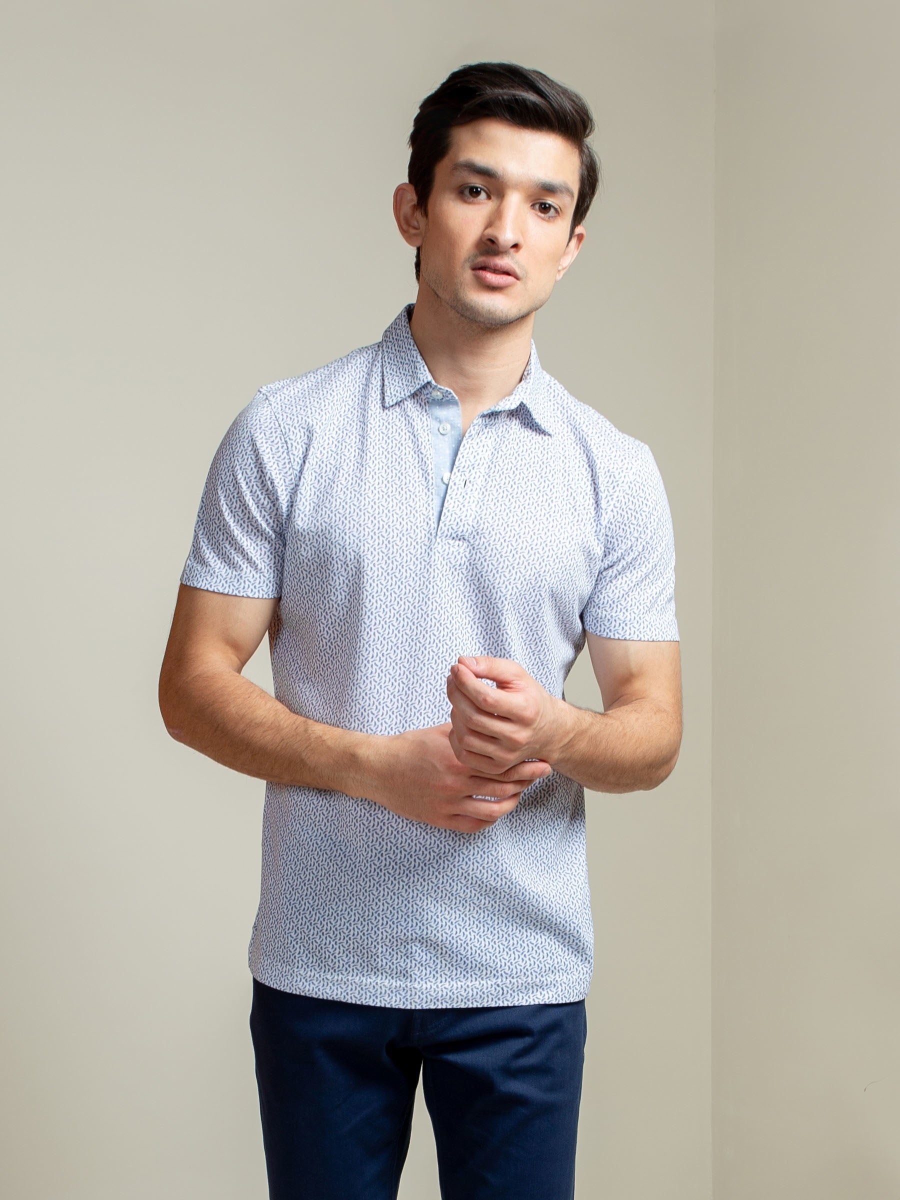 White & Blue Printed Mercerized Polo Shirt