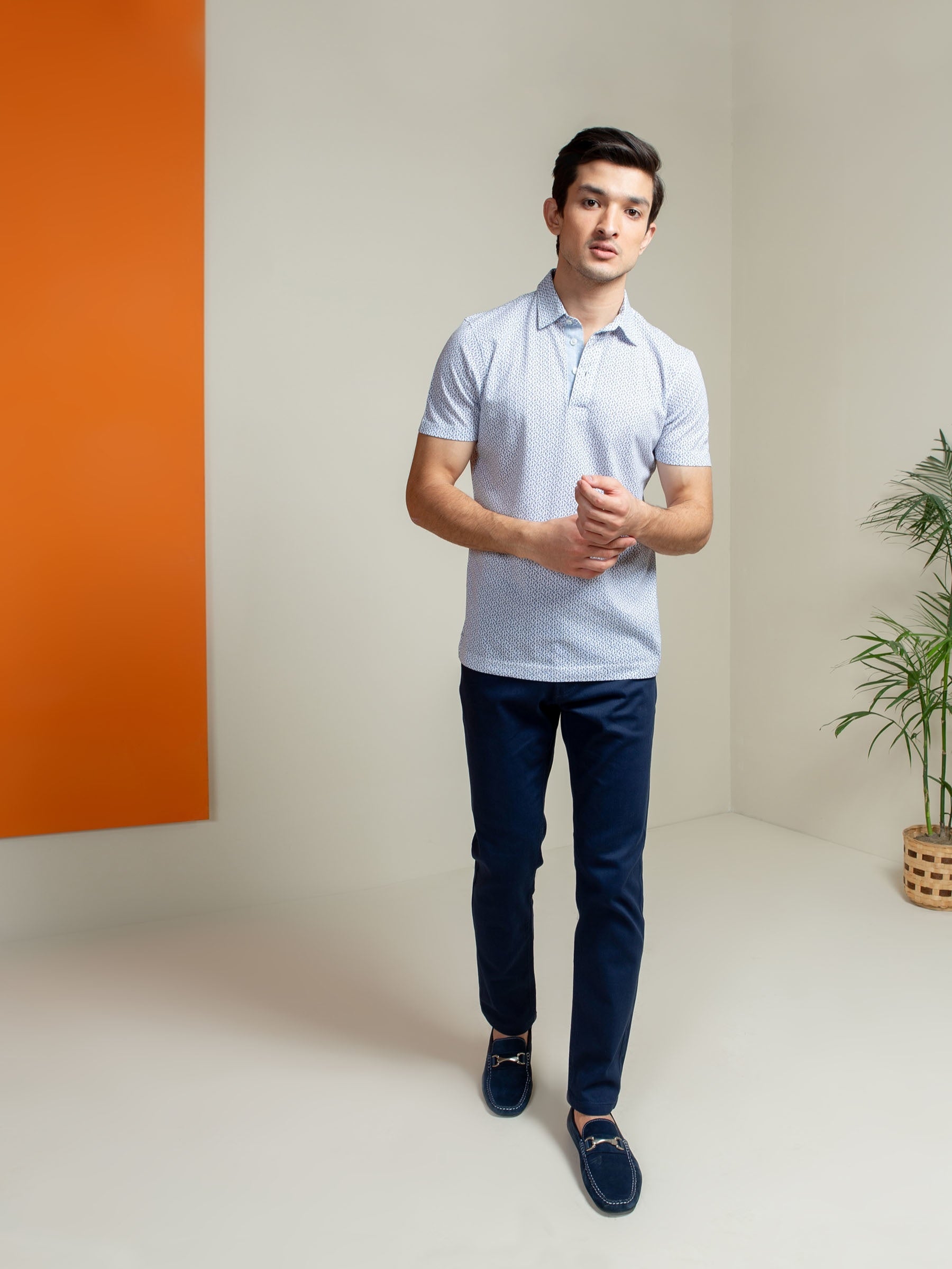 White & Blue Printed Mercerized Polo Shirt