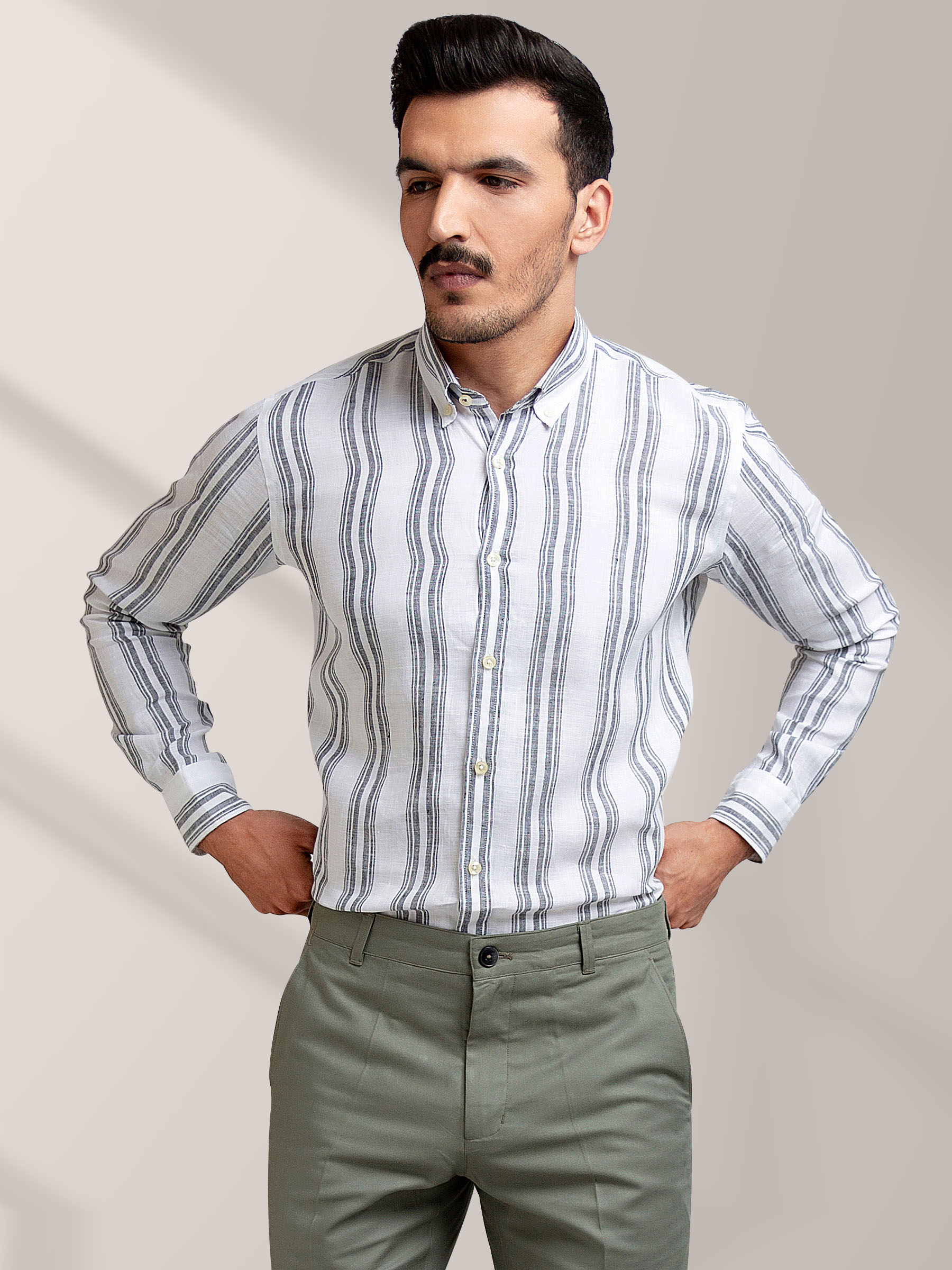 White & Grey Striped 100% Linen Shirt