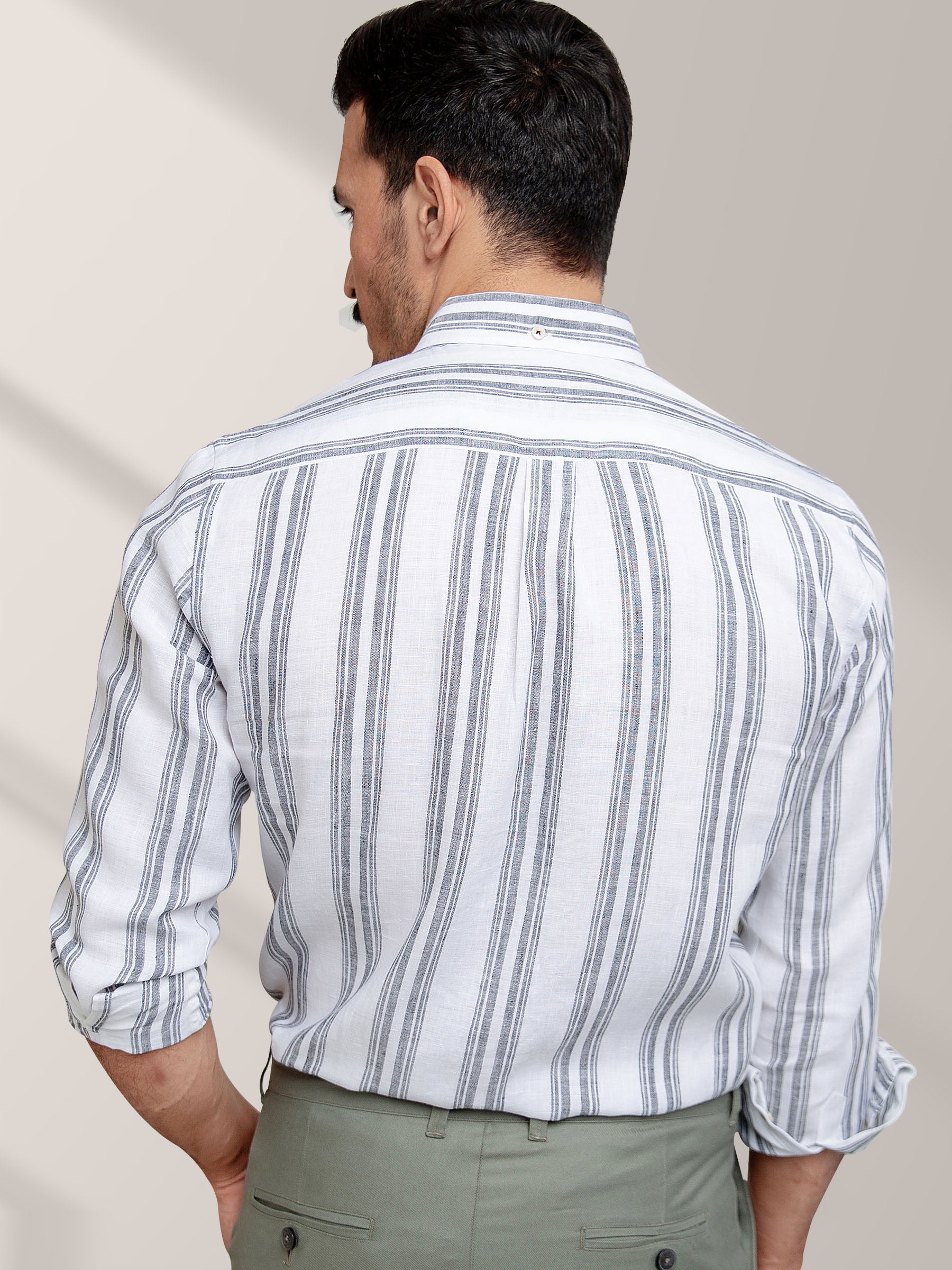 White & Grey Striped 100% Linen Shirt