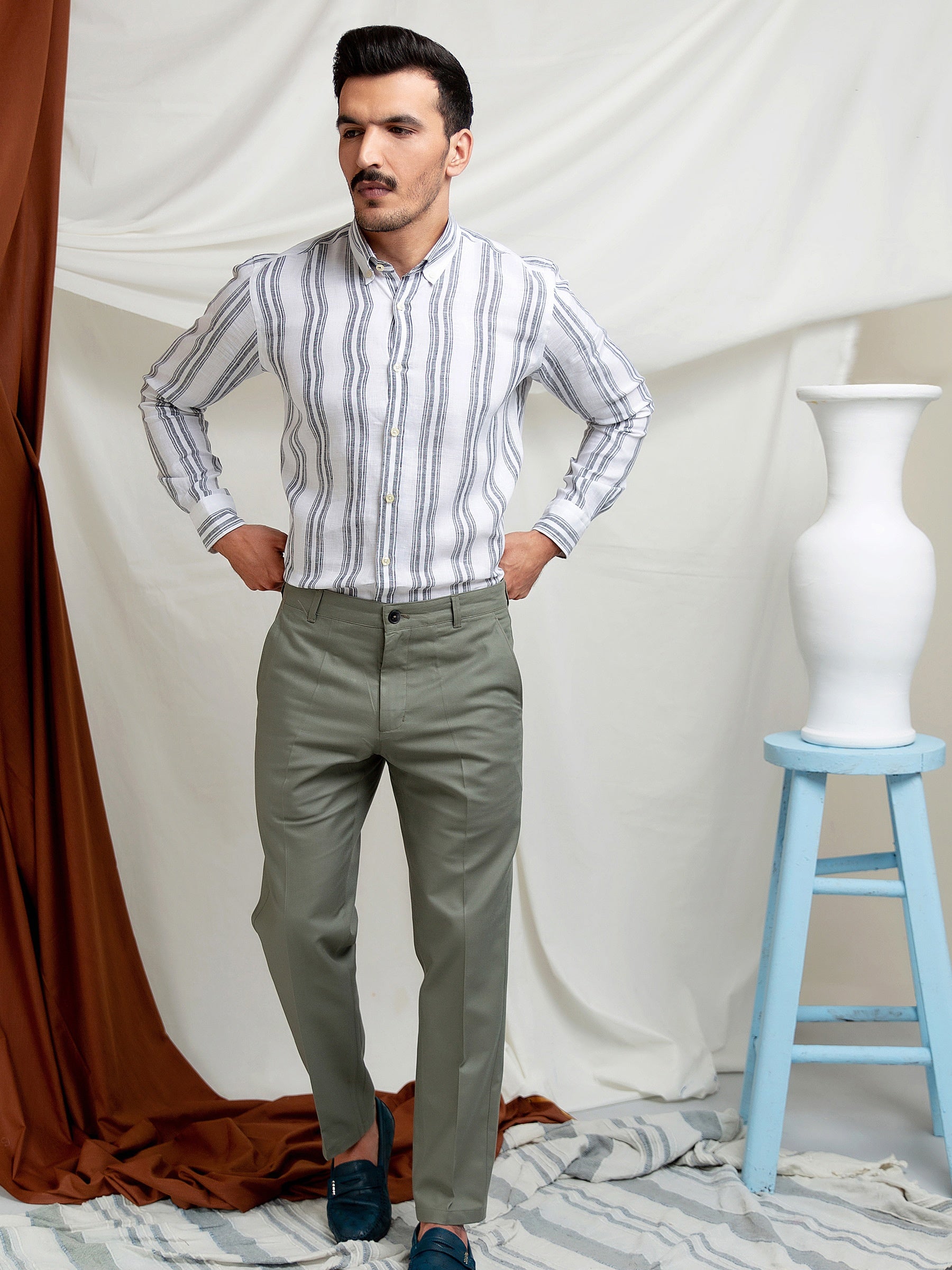 White & Grey Striped 100% Linen Shirt