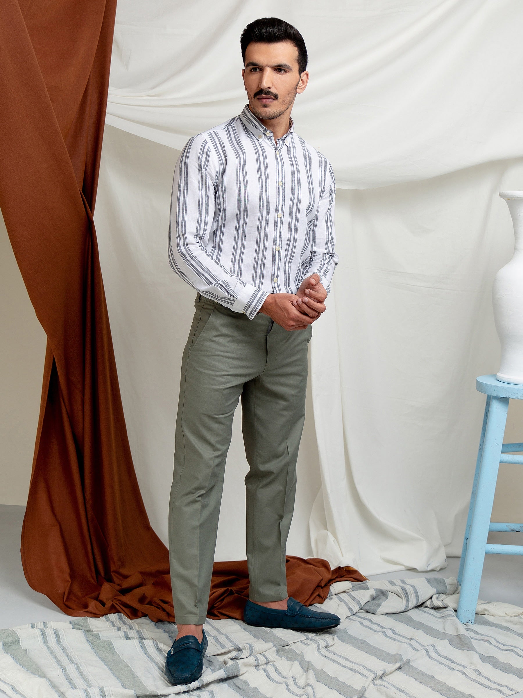 White & Grey Striped 100% Linen Shirt