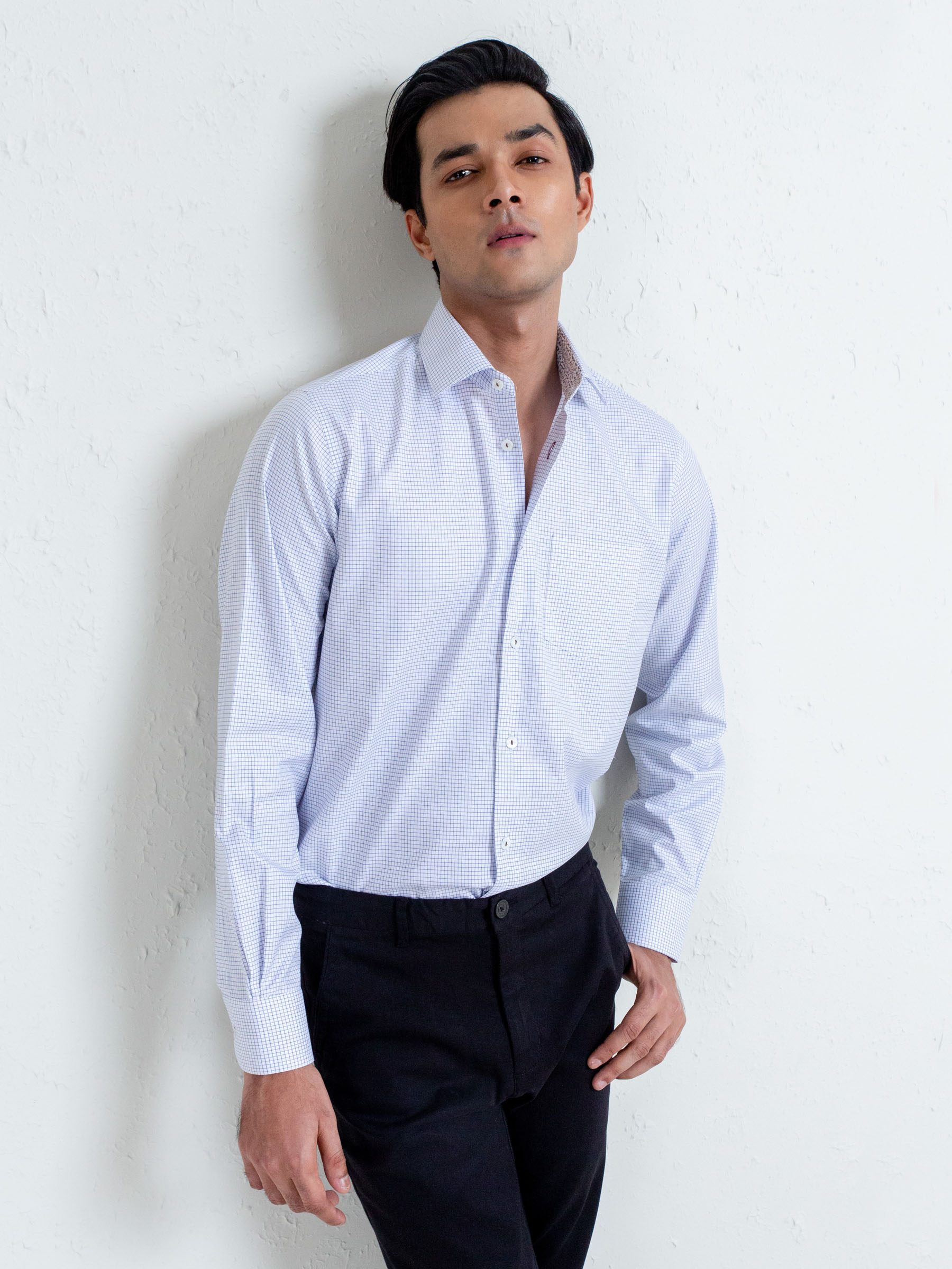 White Micro Windowpane Shirt With Detailing