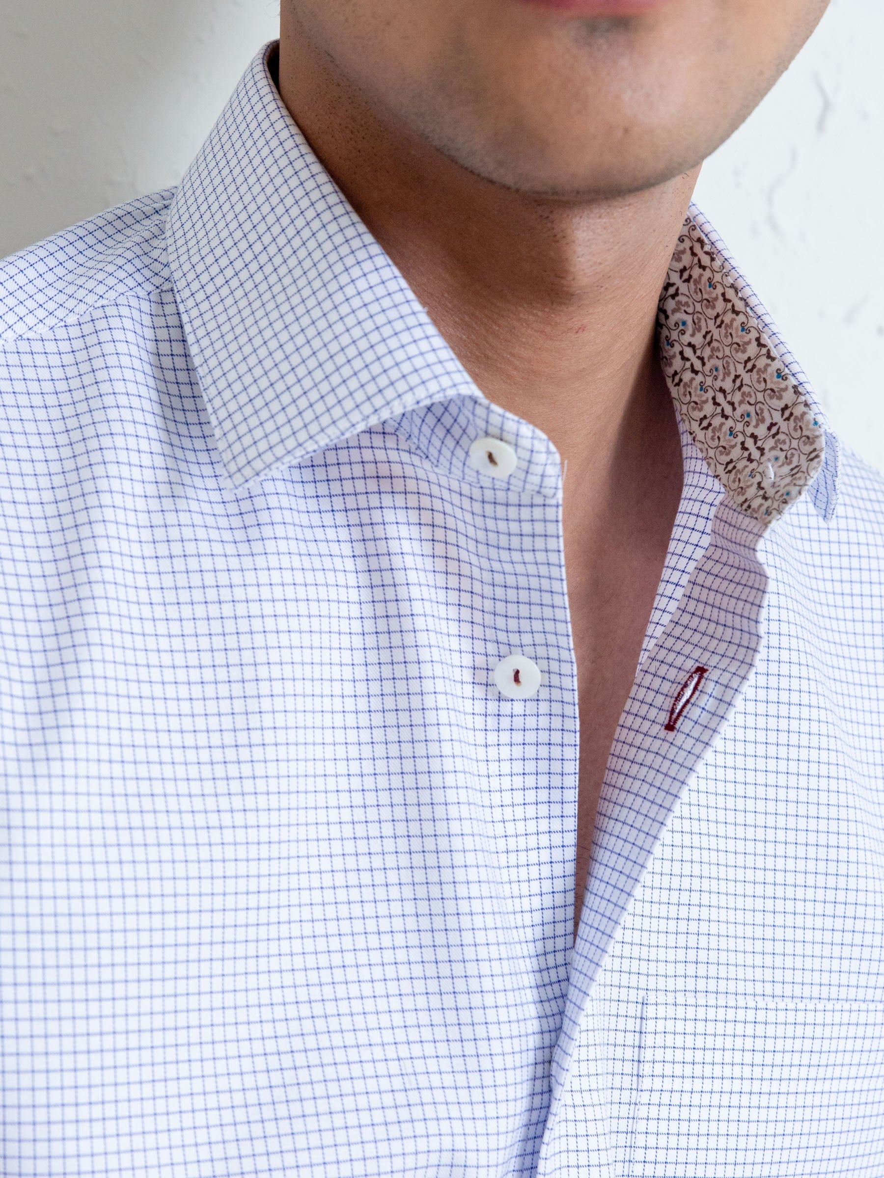White Micro Windowpane Shirt With Detailing
