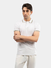 White Multicolor Tipped Collar Pique Polo