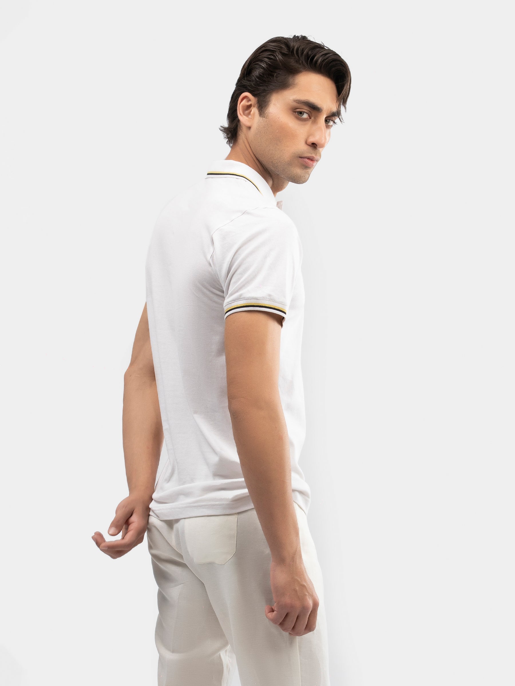 White Multicolor Tipped Collar Pique Polo