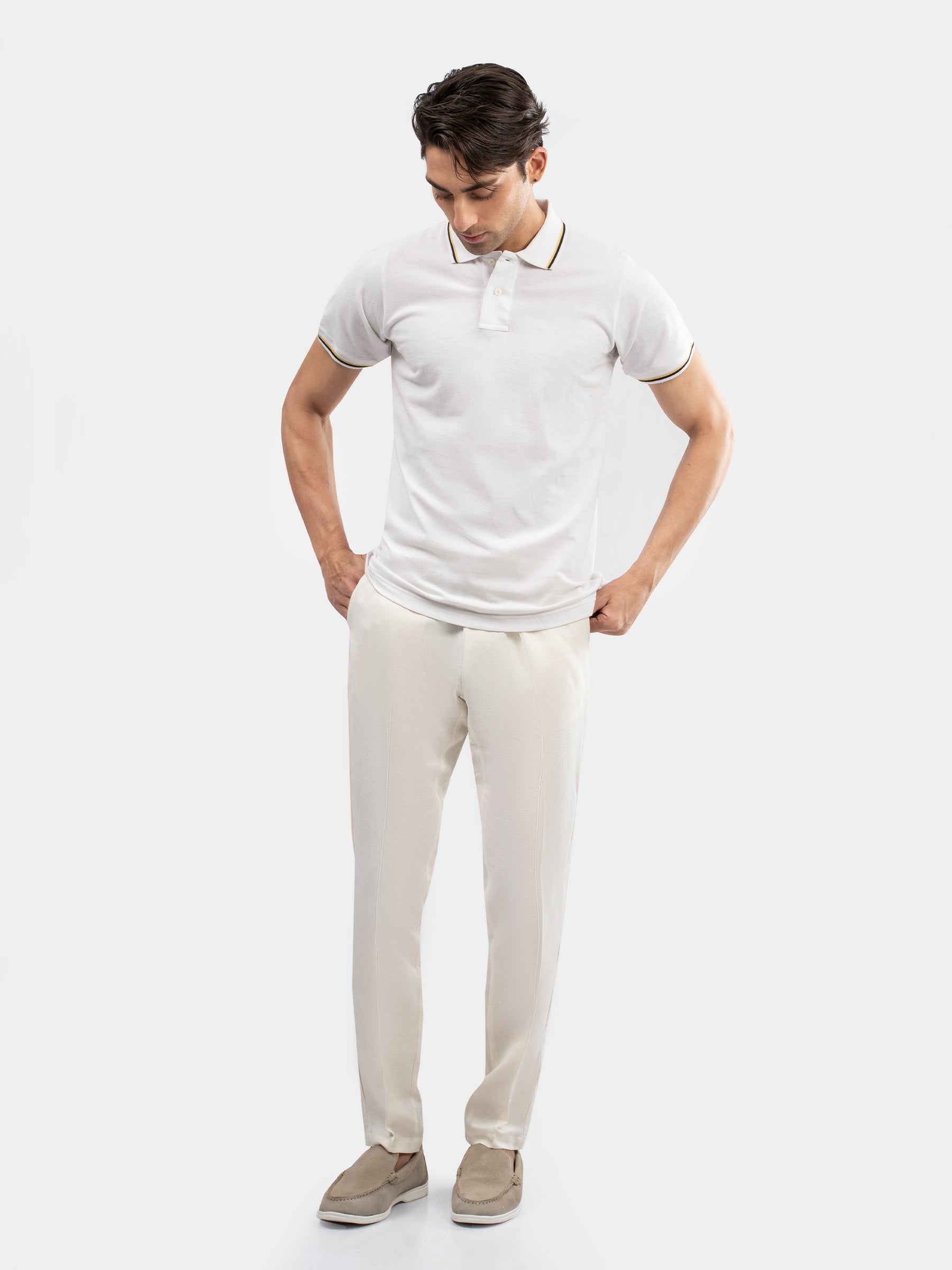 White Multicolor Tipped Collar Pique Polo