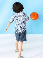 White & Navy Floral Printed Short Sleeve Casual Shirt
