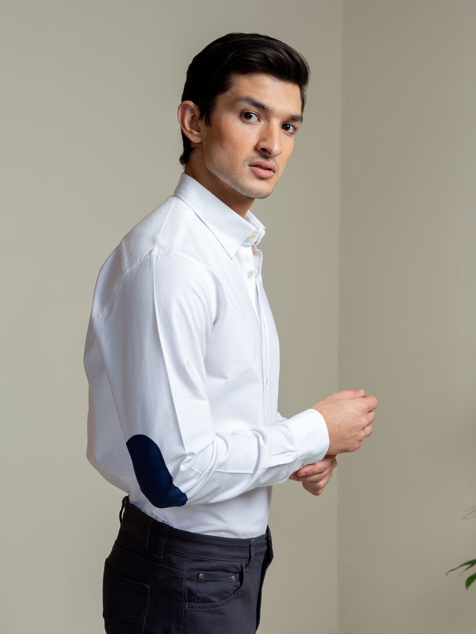 White Oxford Shirt With Navy Elbow Patch