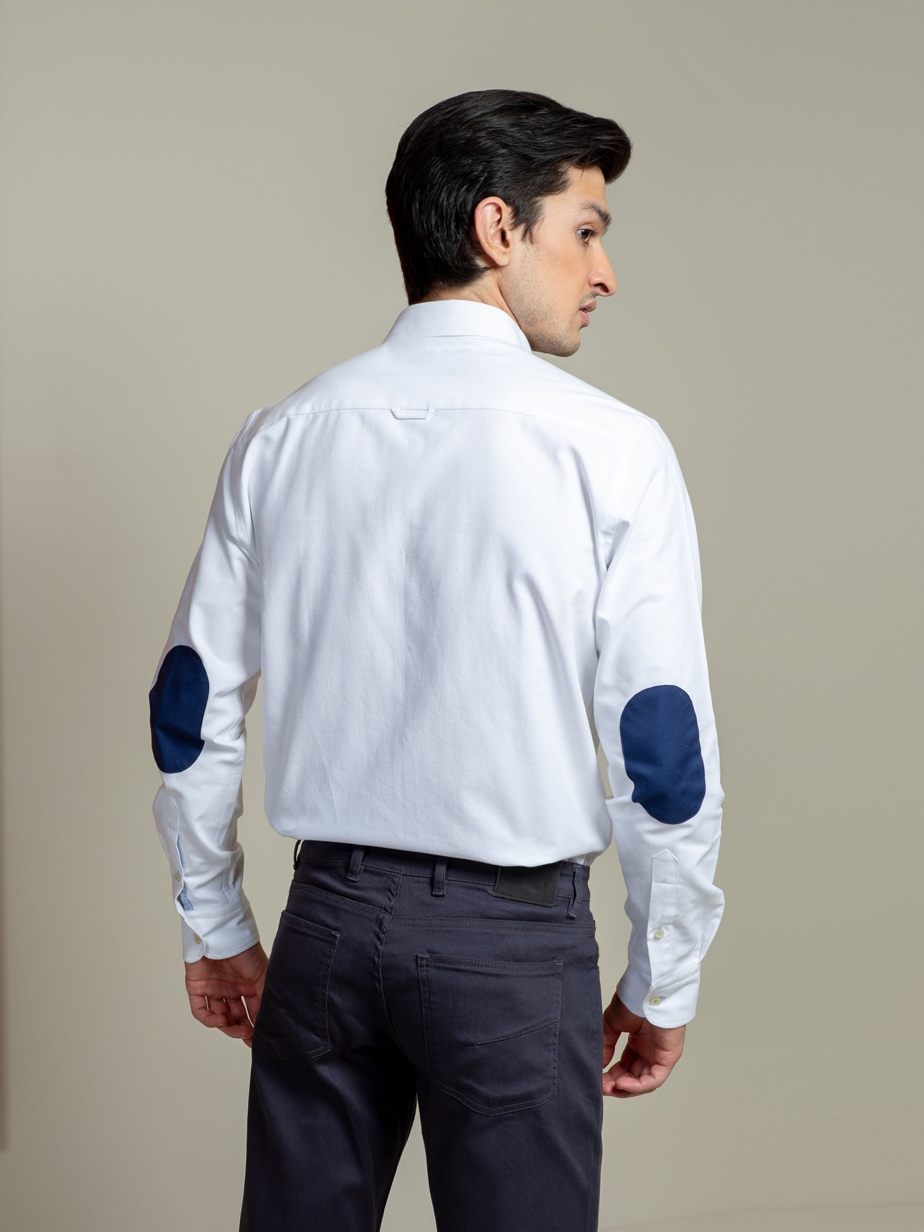 White Oxford Shirt With Navy Elbow Patch