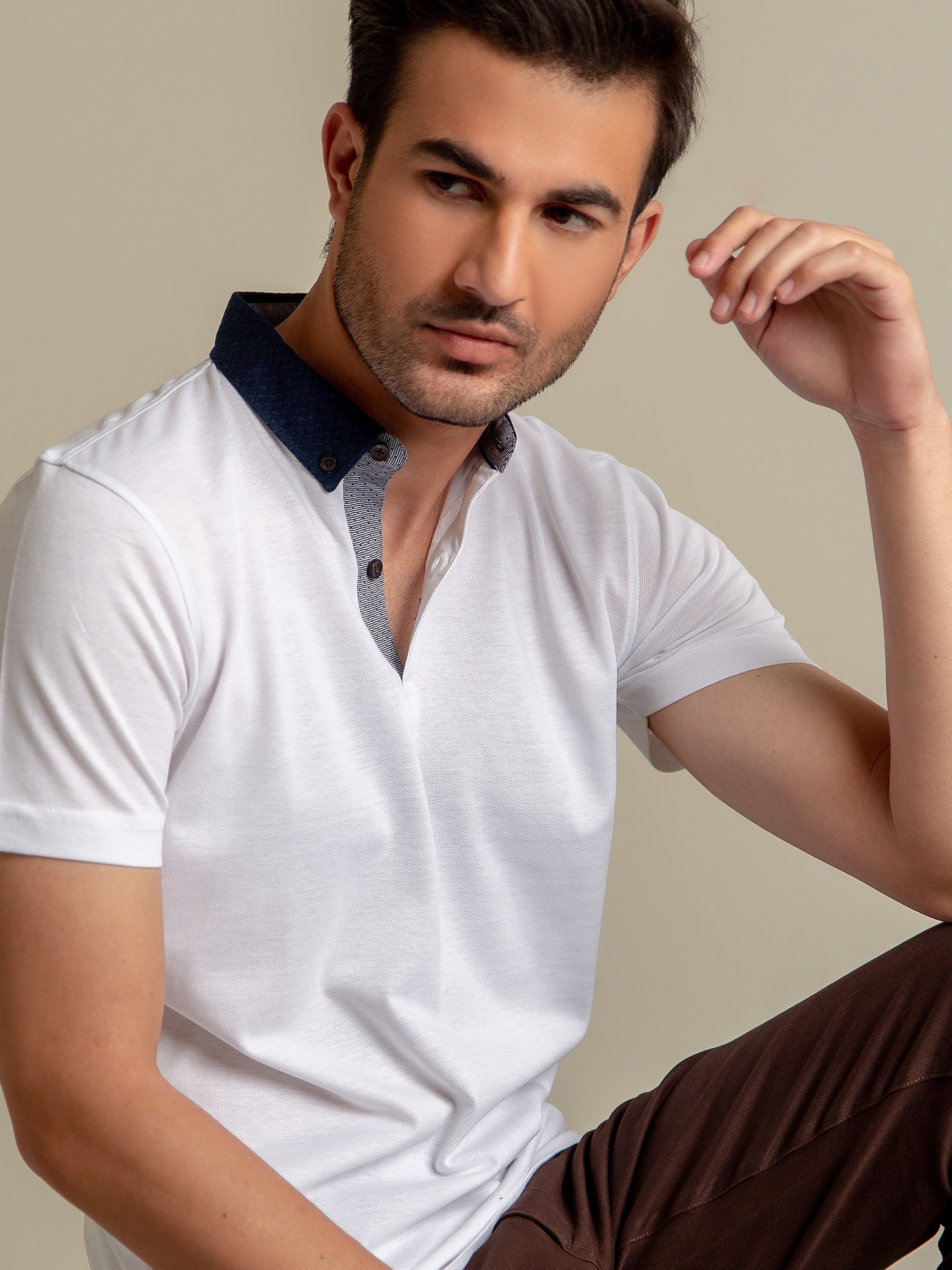White Pique Polo With Navy Blue Collar