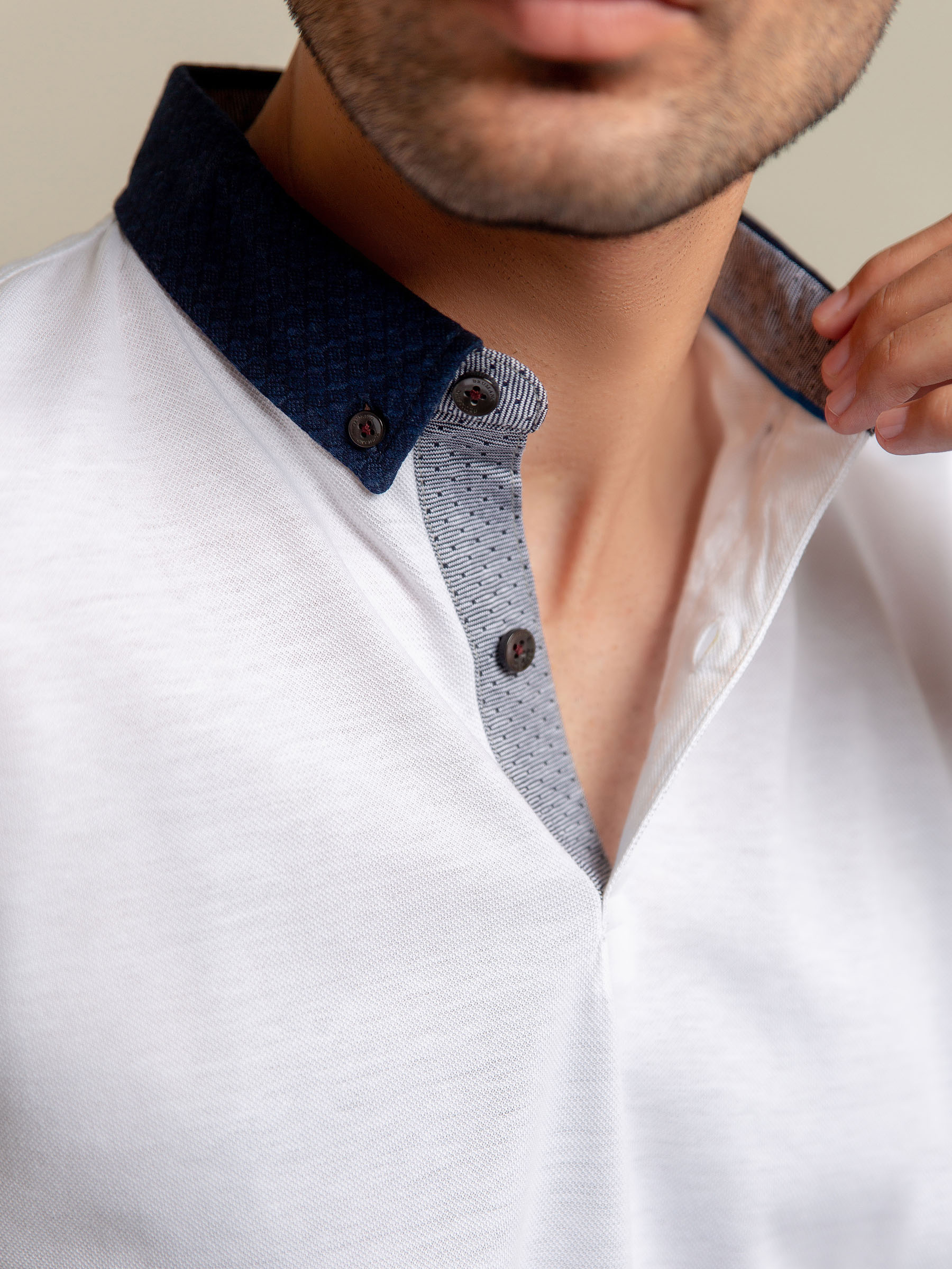 White Pique Polo With Navy Blue Collar
