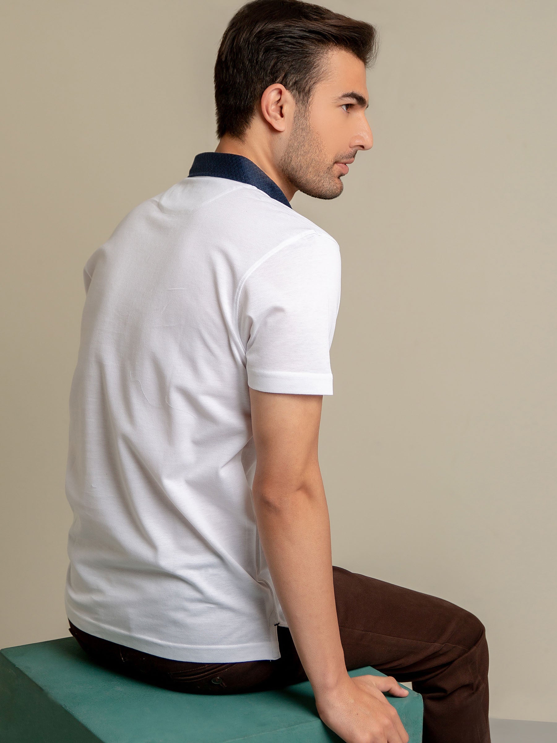 White Pique Polo With Navy Blue Collar