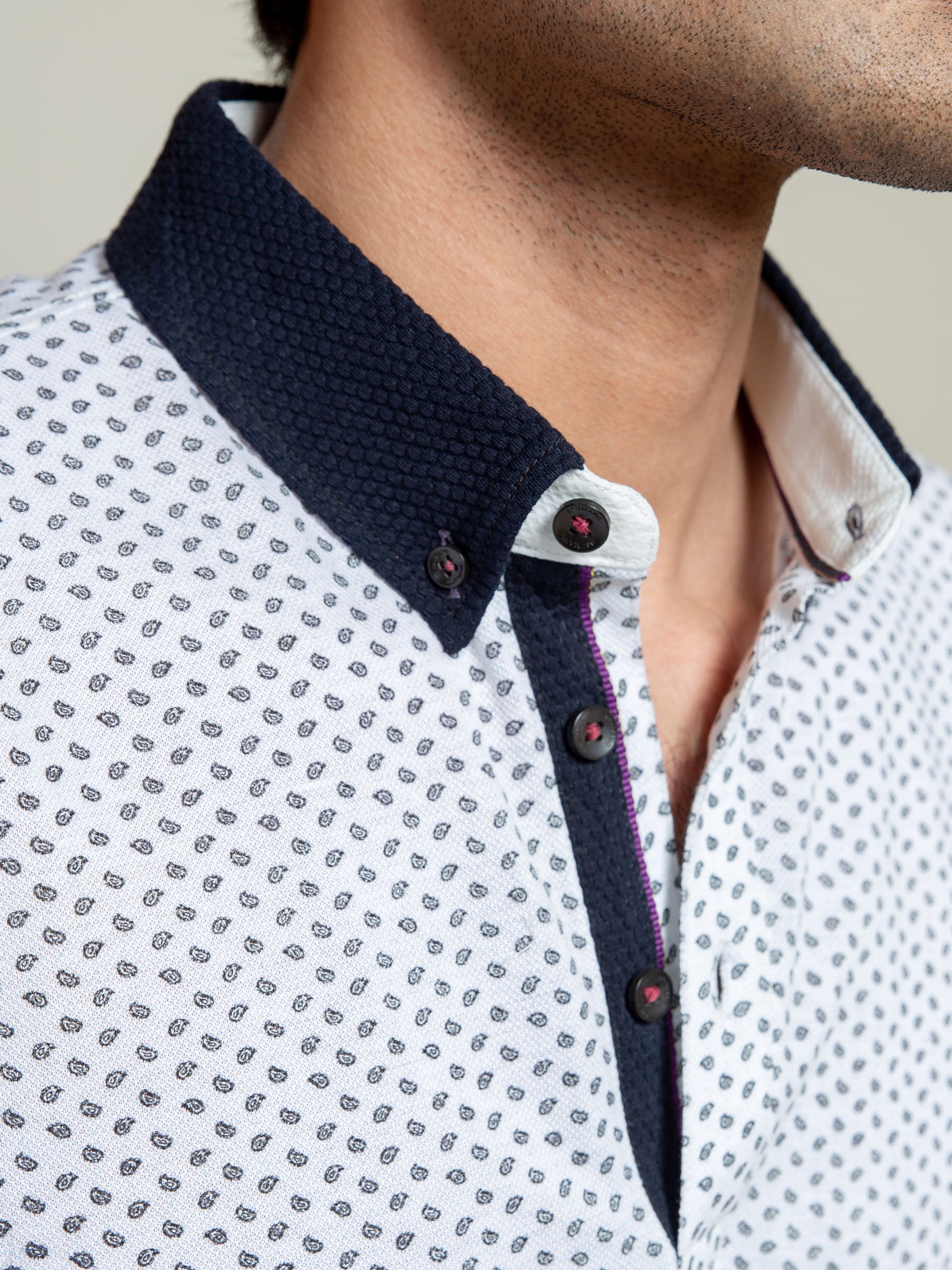 White Printed Polo Shirt With Contrasting Collar