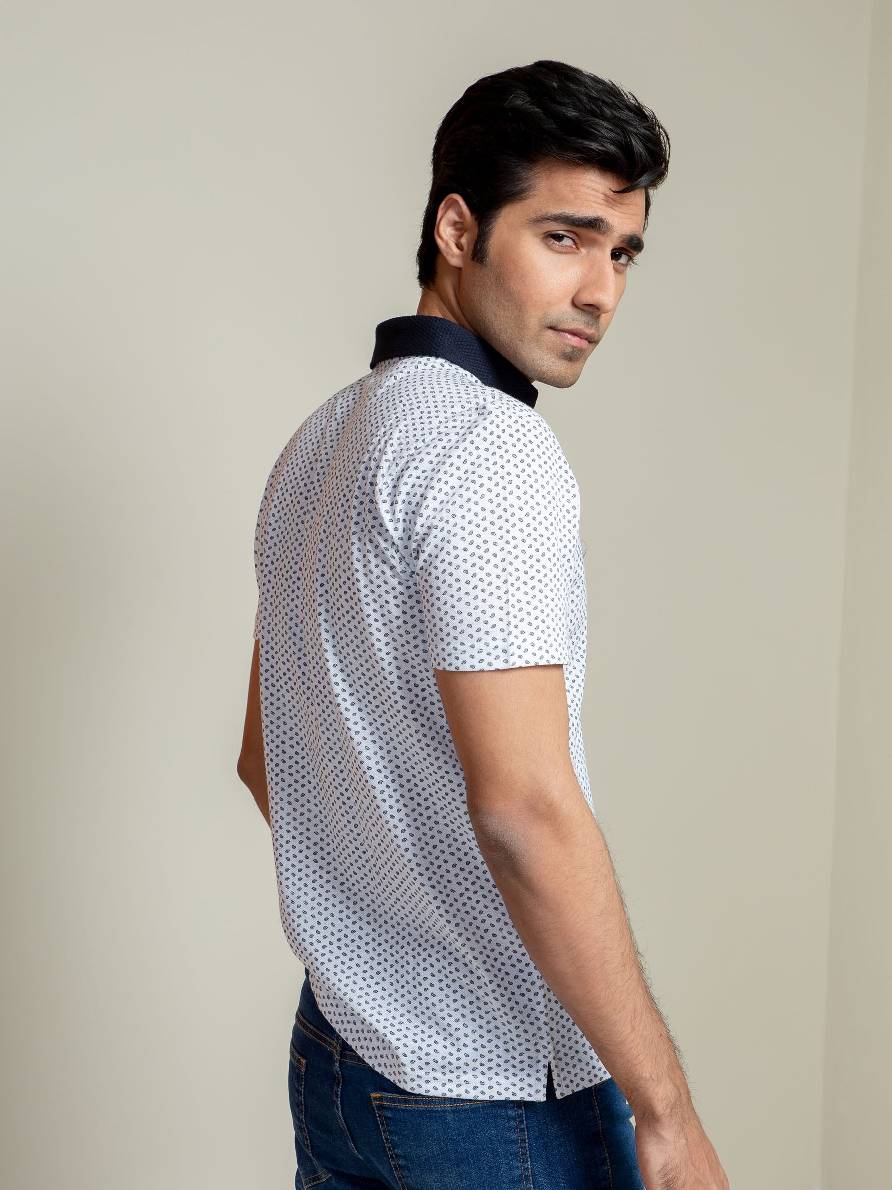 White Printed Polo Shirt With Contrasting Collar