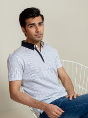 White Printed Polo Shirt With Contrasting Collar