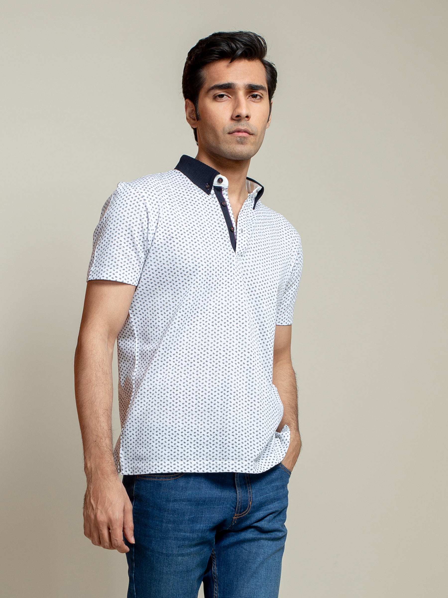 White Printed Polo Shirt With Contrasting Collar